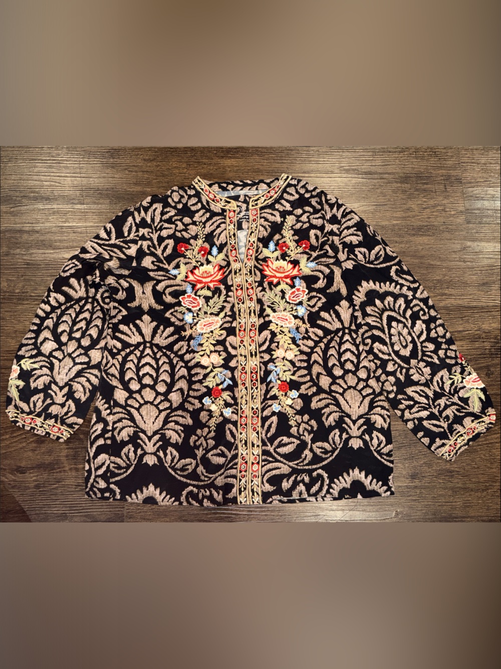 Karyn Seo Maria Damask Blouse in Black and Beige with embroidered floral detail